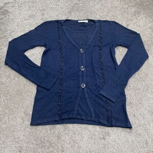 T-C Fashion Studded Cardigan Sweater Womens XL Navy Blue Button Down Casual Knit